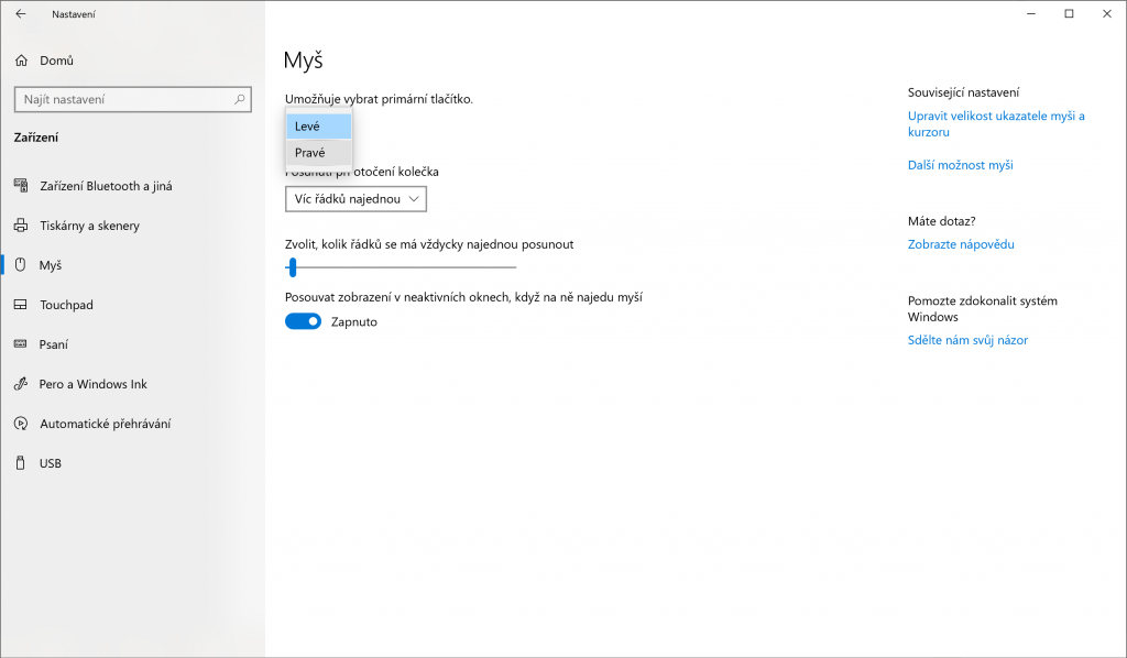 Nastavení Windows 10 pro užívání levou rukou